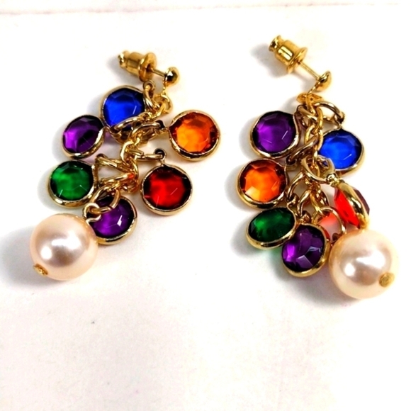 Women's Stylish Gold tone Colorful Stone Cluster Disc Beaded Post Drop Earrings - Picture 1 of 4